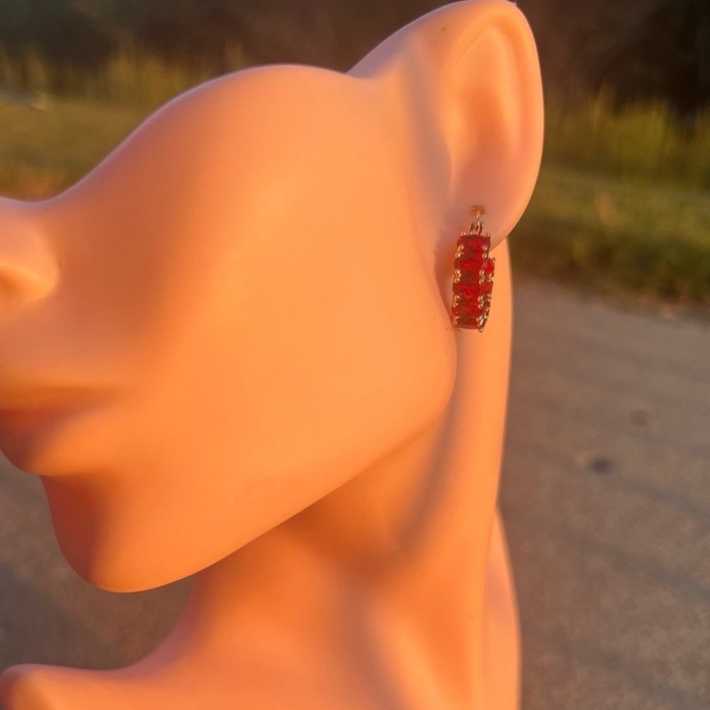 925/18K gold plated ruby oval cut inside out hoop earrings with swarovski #123 - Picture 7 of 13